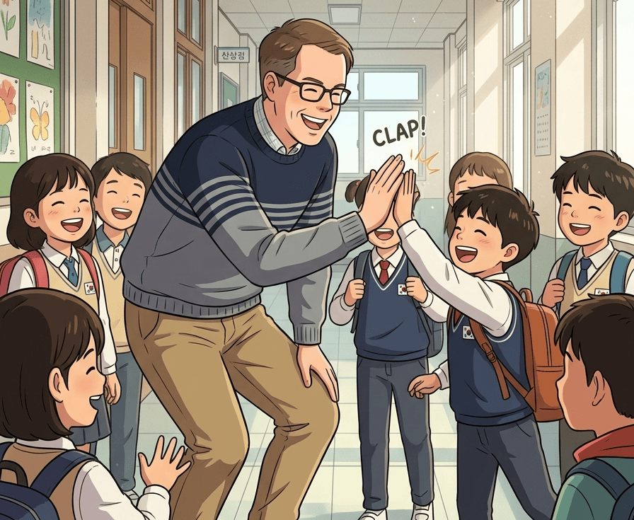 Illustration of Phillip sharing a joyful high-five with a young student.