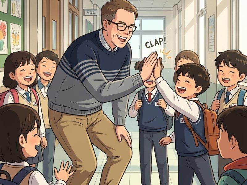 Illustration of Phillip sharing a joyful high-five with a young student in a school hallway.