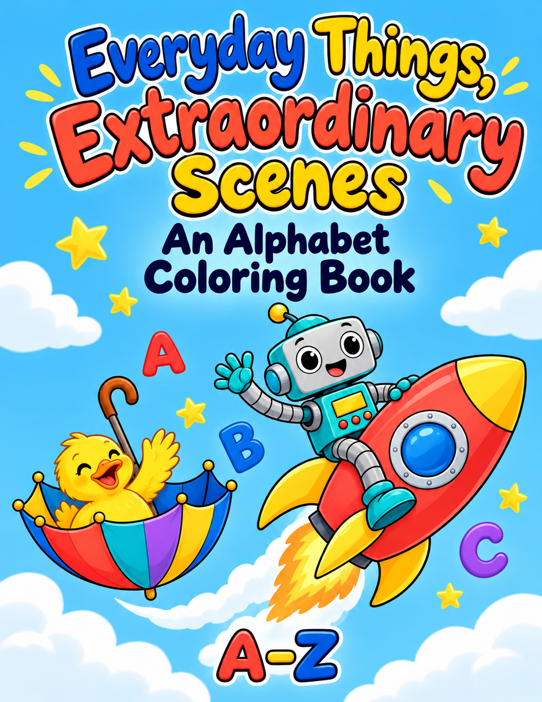 Everyday Things, Extraordinary Scenes cover, with a robot on a rocket and a chick in a colorful umbrella.