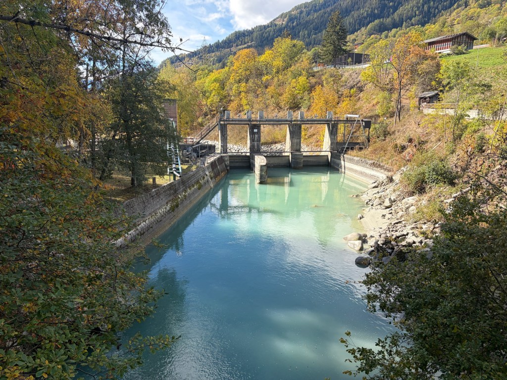 Turquoise river beside trees and a small water-control structure.