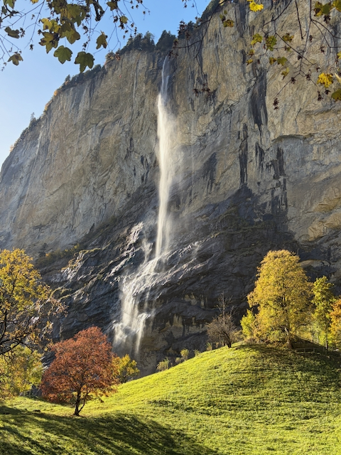 Waterfall above a sunlit slope and autumn trees
