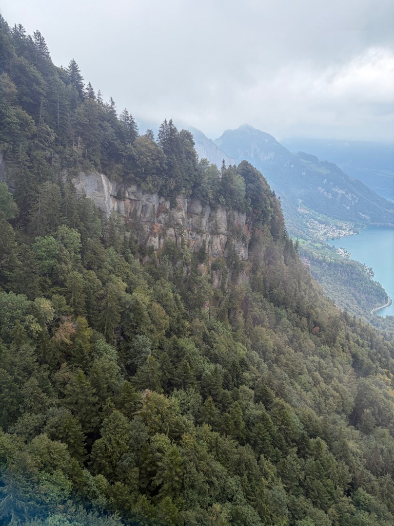 Forested cliffs descend toward Lake Lucerne, with a lakeside village and hazy mountains beyond.