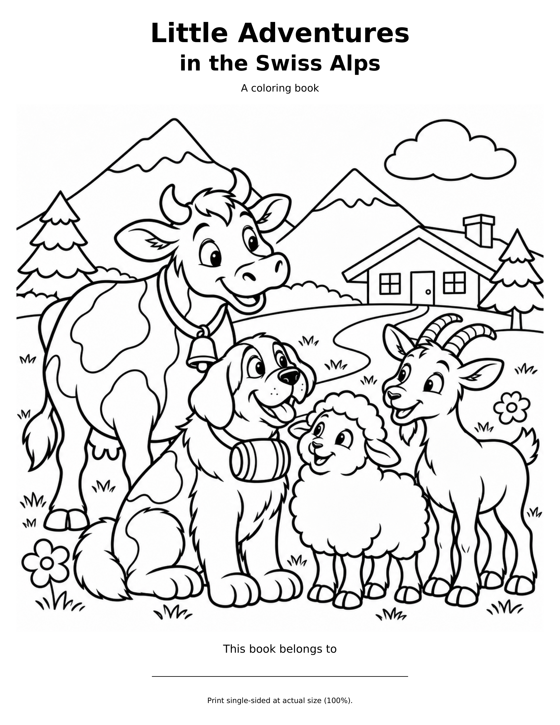 Little Adventures in the Swiss Alps cover, with a cow, dog, sheep and goat in an alpine landscape.
