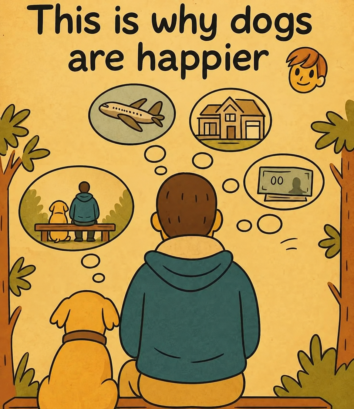 A man and dog sit together on a bench. The man thinks about travel, a house, and money; the dog thinks about sitting beside his human. Text reads: This is why dogs are happier.