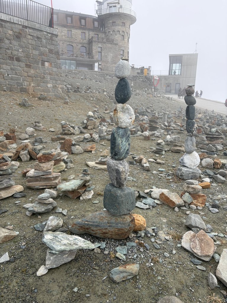 Stacked stones in the mist