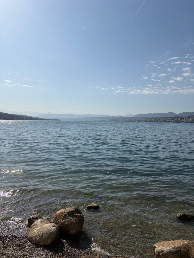 Clear lake water laps against foreground rocks, with wooded shores and hazy mountains across Lake Zürich.